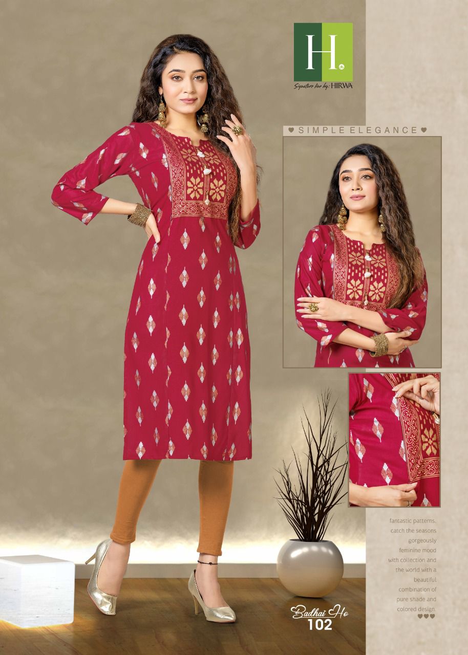 Hirwa Badhai Ho Rayon Regular Wear Rayon Designer Kurti Collection